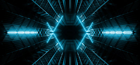 Neon Laser Fluorescent Blue Electric Glowing Sci Fi Futuristic Warehouse Hangar  Spaceship Realistic...