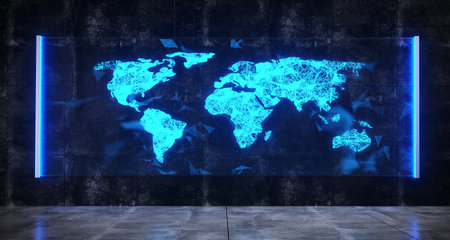 Futuristic Sci-Fi Room With Hologram Blue Lighted Bright Glass With Plexus World Map Hologram. 3D Rendering Illustrationの写真素材