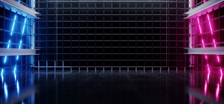 Underground Sci Fi Metal Grid Mesh Room Garage Hall Tunnel Corridor Neon Sign Laser Beams Glowing Blue Purple Vibrant Virtual Reality Space Ship 3D Rendering Illustrationの写真素材