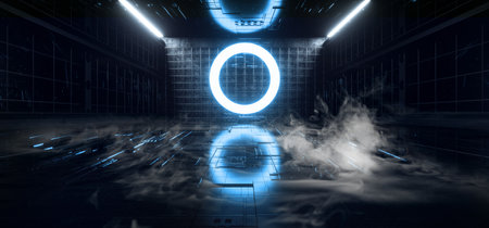 Smoke Mist Steam Circle Shaped Led Laser Neon Glowing Blue Light In Industrial Steel Wire Mesh Fence...