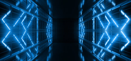 Neon Laser Stage Cyber Virtual Blue Glowing Beams On Metal Steel Wire Mesh Structure Fence Reflective Floor Dark Night Empty Background 3D Rendering Illustrationの写真素材