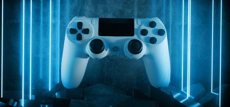 Blue Sci Fi Futuristic Joystick Laser Neon Beams Lights Glowing Vibrant Gaming Adventure On Hexagon Tiled Concrete Floor Cyber Background Virtual Reality 3D Rendering illustrationの写真素材