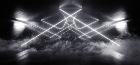 Smoke Fog Mist Neon Glowing Laser Podium Sci Fi Futuristic Triangle White Color Shine Beams Concrete Tunnel Corridor Underground Spaceship 3D Rendering Illustrationの写真素材