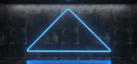 Empty Concrete Room With Glowing Triangle Neon Light And Reflections on Floor.3D Rendering...