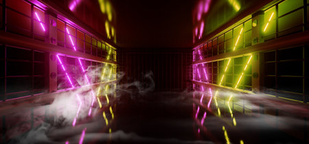 Neon Laser Stage Cyber Virtual Purple Yellow Glowing Beams On Metal Steel Wire Mesh Structure Fence...