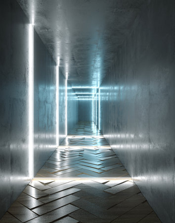 Long Concrete Tunnel With Different Light Stripes And Empty Space With Reflections.3D Rendering Illustrationの写真素材