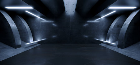 Futuristic Sci Fi Spaceship Showroom Hangar Studio Concrete Grunge Cement Asphalt Dark Realistic Basement Underground Bunker 3D Rendering illustrationの写真素材