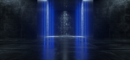 Empty Lighted Dark Grunge Concrete Room With Long Bright Glowing Neon Lights  3D Rendering Illustrationの写真素材