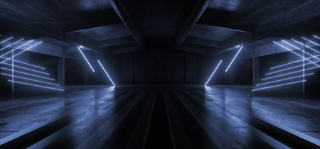 Neon Laser Blue Vibrant Sci Fi Futuristic Warehouse Empty Stage Showcase Room Corridor Tunnel Grunge Concrete Dark Underground Background 3D Rendering illustrationの写真素材