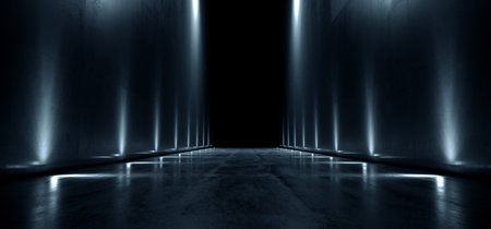 Dark Sci Fi Concrete Alien Futuristic Big Huge Long Hallway Tunnel Corridor Blue Lights Cinematic...