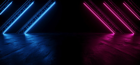 Neon Glowing Purple Blue Vibrant Sci Fi Futuristic Stage Podium Construction Metal Triangle Concrete Grunge Reflective Dark Night Virtual Show Background Laser Tunnel Corridor 3D Rendering Illustrationの写真素材