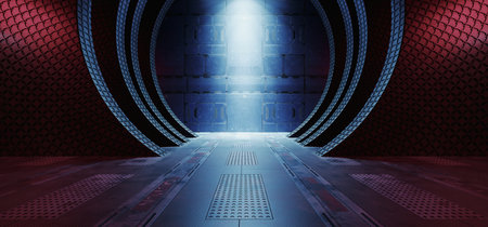 Sci Fi Futuristic Alien Orb Circle Tunnel Corridor Hangar Bunker Shelter Glossy Metal Panels Cyber Purple Blue Neon Glowing Lights 3D Rendering Illustrationの写真素材