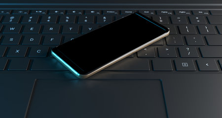 3D Rendering Of Realistic Looking Computer Keyboard Closeup With Smartphone On Itの写真素材