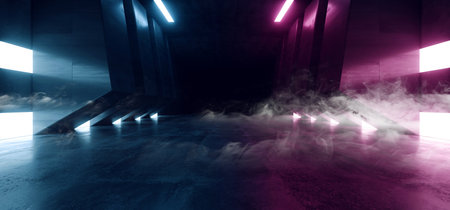 Smoke Fog Steam Concrete Cement Hall Big huge Realistic  Neon Led Lights Glowing Purple Blue Grunge Hallway Tunnel Corridor Dark Night Stage 3D Rendering Illustrationの写真素材