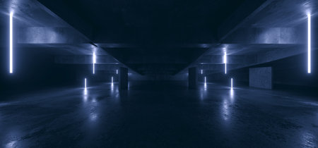 Realistic Hangar Warehouse Concrete Dark Cement Asphalt Laser Neon Glowing Blue Line Fluorescent Lights Club Showroom Garage Cyber Background 3D Rendering  illustrationの写真素材