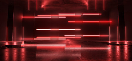 Cyber Neon Sci Fi Futuristic Room Glowing Glass Frosted Panels Red Vibrant Fluorescent Laser Lights Glowing Dark Corridor Hallway Glossy Concrete Grunge Stage Podium 3D Renderingf Illustrationの写真素材