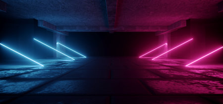 Sci Fi Futuristic Garage Purple Blue Neon Laser Retro Modern Spaceship Studio Showroom Gallery Concrete Asphalt Hangar Tunnel Corridor 3D Rendering  Illustrationの写真素材