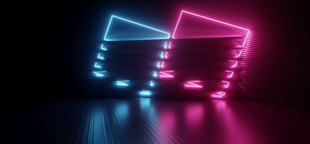 Neon Purple Blue Laser Lines Sci Fi Futuristic Concrete Cement Reflective Showroom Stage Podium Fashion Tunnel Corridor Hallway Garage Show Underground 3D Rendering Illustrationの写真素材