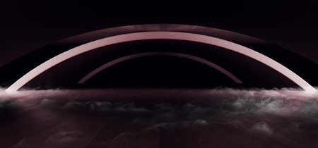 Smoke Sci Fi Futuristic Alien Spaceship Oval Arc Dark Underground Room Corridor Tunnel Grunge Concrete Reflective White Glow Virtual Empty Background Modern Elegant Smooth 3D Rendering Illustrationの写真素材