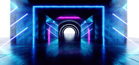 Futuristic Oval Circle Neon Glowing Purple Blue Rectangle Shaped Laser Beam Lights On Concrete Grunge Floor Reflective Tunnel Corridor Dark Entrance Stage 3D Rendering Illustrationの写真素材