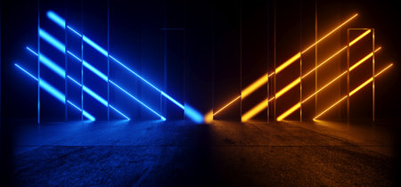 Cyber Neon Sci Fi Futuristic Room Glowing Blue Orange Glass Frosted Panels Orange Blue Vibrant...