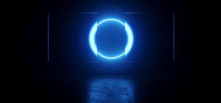 Sci Fi Neon Glowing Circle Cyber Blue Laser Lights Behind Frosted Glass Panels In Dark Grunge Cement Concrete Underground Tunnel Corridor Studio Hangar 3D Rendering Illustrationの写真素材