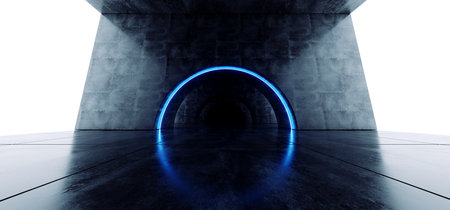 Oval Arc Concrete Grunge Tunnel Corridor Sci Fi Futuristic Laser Stage Vibrant Blue Glowing Shapes Chaotic Fluorescent Empty Dark Underground Garage 3D Rendering  Illustrationの写真素材