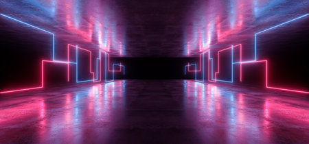 Neon Lights Virtual Sci Fi Futuristic Vibrant Purple Blue Glowing Laser Beam Shapes Dark Grunge Concrete Tunnel Underground Hall Garage Room Gallery Night 3D Rendering Illustrationの写真素材