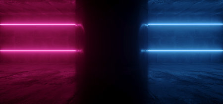 Sci Fi Futuristic NEON Beam Laser Tubes Lines Triangle Shaped Column Concrete Grunge Reflective Warehouse Garage Parking Room Underground Purple Blue Red 3D Rendering Illustrationの写真素材