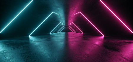 Future Neon Lights Sci Fi Futuristic Purple Blue Laser Shine In Dark Concrete Grunge Tunnel Underground Studio Garage Reflections Vibrant Shapes 3D Rendering Illustrationの写真素材