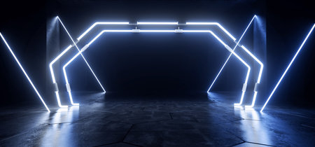 Sci Fi Glowing Neon Lines Tube Lights Futuristic  Blue Vibrant Laser Beams Showroom Concrete Dark...