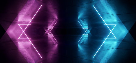 Neon Lasers Glowing Beam Sci Fi Futuristic Retro Vibrant Purple Blue Stage Showroom Tunnel Corridor Underground Grunge Concrete Reflective Empty Background 3D Rendering Illustrationの写真素材