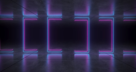 Futuristic Modern Sci-Fi Neon Tube Glowing Shapes On Rough Concrete Surface And Empty Space Between Purple And Blue Colors 3D Rendering Illustrationの写真素材