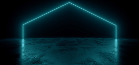 Virtual Neon Laser Glowing Blue Vibrant Show Night Dark Empty Grunge Concrete Shaped Lights Bright Reflection Glossy Alien Spaceship Underground Garage Tunnel 3D Rendering Illustrationの写真素材