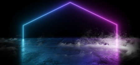 Smoke Virtual Neon Laser Glowing Purple Blue Gradient Vibrant Show Night Dark Empty Grunge Concrete Shaped Lights Bright Reflection Glossy Alien Spaceship Underground Garage Tunnel 3D Rendering Illustrationの写真素材