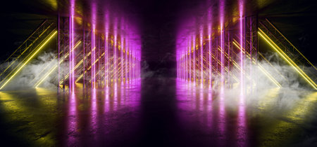 Smoke Sci Fi Triangle Yellow Purple Neon Laser Tunnel Beam Construction Stage Concrete Grunge Dark Empty Podium Virtual Futuristic Future Night Show 3D Rendering  Illustrationの写真素材