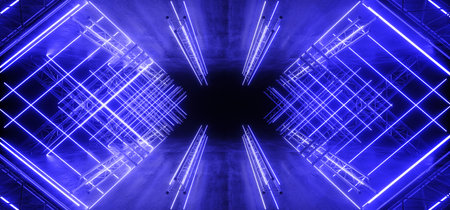 Neon Glowing Violet Vibrant Sci Fi Futuristic Stage Podium Construction Metal Triangle Concrete Grunge Reflective Dark Night Virtual Show Background Laser Tunnel Corridor 3D Rendering Illustrationの写真素材