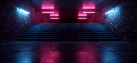 Cyber Sci Fi Neon Stairs Fluorescent Club House Laser electric Grunge Brick Walled Cement Concrete Grunge Purple Blue Vibrant Hangar Room Studio Space Realistic Background 3D Rendering Illustrationの写真素材