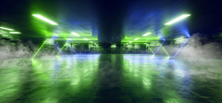 Smoke Modern Neon Laser Futuristic Green Blue Sci Fi Brick Garage Grunge Concrete Cement Basement Tunnel Corridor Alien Parking Showroom Night Cyber 3D Rendering Illustrationの写真素材
