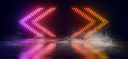 Smoke Sci Fi Futuristic Glowing Neon Lasers Retro Modern Arrows SHaped Pointers Vibrant Purple Blue Orange Red Lights On Concrete Dark Cement Garage 3D Rendering Illustrationの写真素材