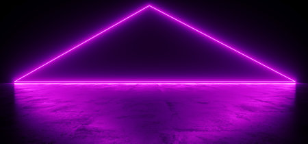 Futuristic Sci Fi Purple Triangle Shaped Neon Tube Lights Glowing In Concrete Floor Room With Refelctions Empty Space 3D Rendering Illustrationの写真素材