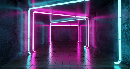 Abstract Futuristic Sci Fi Concrete Room With Different Glowing Neon Lights And Reflections  Space For Text 3d Rendering  Illustrationの写真素材