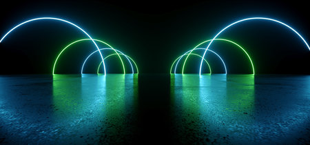 Retro Sci Fi Modern Futuristic Laser Arc Gate Grunge Neon Beams Glowing Green Blue Vibrant On Concrete Floor Dark Background Virtual Reality Synth 3D Rendering Illustrationの写真素材