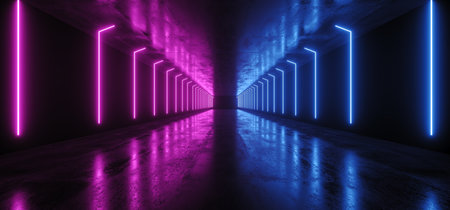 Neon Lights Graphic Glowing Purple Blue Vibrant Virtual Sci Fi Futuristic Tunnel Studio Stage Construction Garage Podium Spaceship Night Dark Concrete Grunge 3D Rendering Illustrationの写真素材