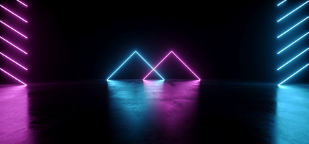 Glowing Triangle Arc Gate Neon Laser Blue Purple Warehouse beams Studio Lights Industrial Background Concrete Grunge Hallway Tunnel Corridor Dark Cyber Virtual Underground 3D Rendering Illustrationの写真素材