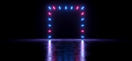 Retro Sci Fi Modern Futuristic Laser Arc Gate Grunge Neon Beams Glowing Purple Blue Vibrant On...