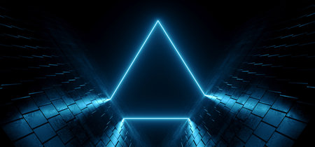 Triangle Neon Laser Sci Fi Futuristic Blue Cyber Retro Modern Glowing Shape Fluorescent Dark Background Tunnel Corridor Stage Gate Garage Warehouse 3D Rendering Illustrationの写真素材
