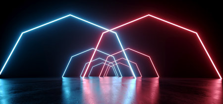 Retro Sci Fi Modern Futuristic Laser Arc Gate Grunge Neon Beams Glowing Red Blue Vibrant On Concrete Floor Dark Background Virtual Reality Synth 3D Rendering Illustrationの写真素材