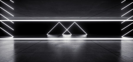 Glowing Triangle Arc Gate Neon Laser White Warehouse beams Studio Lights Industrial Background Concrete Grunge Hallway Tunnel Corridor Dark Cyber Virtual Underground 3D Rendering Illustrationの写真素材