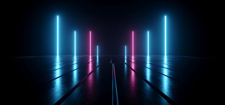 Neon Laser Pillars Lights Glowing Purple Blue Tiled Metallic Concrete Reflective Floor Dark Garage Underground Gate Synth Cyber Virtual Background Retro Modern 3D Rendering Illustrationの写真素材